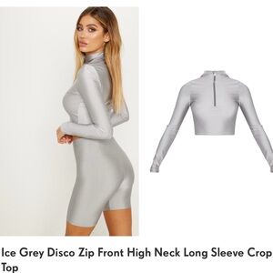 PrettyLittle Thing - Disco Zip Front High Neck Long Sleeve Crop Top/Cycle Short